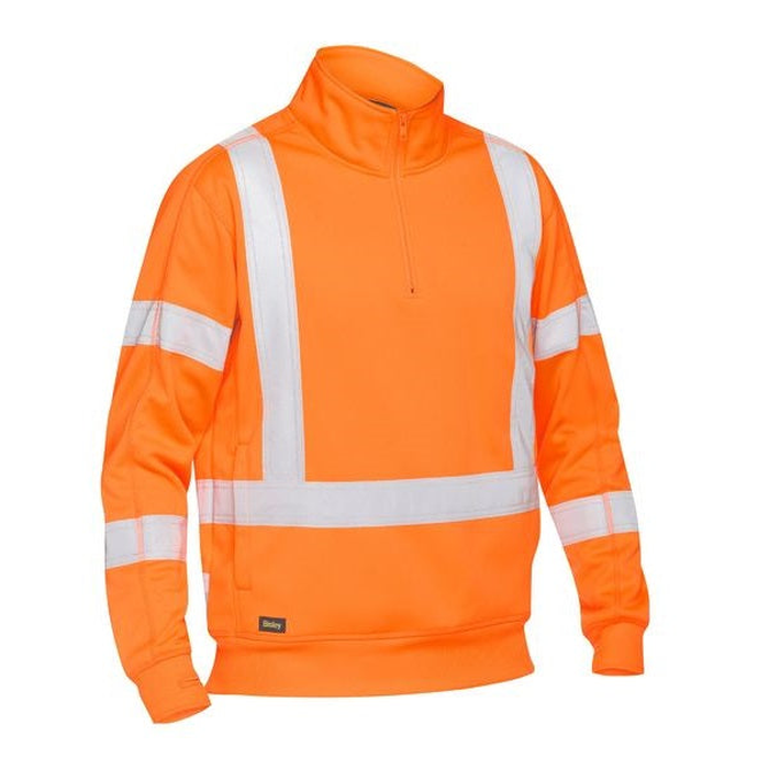 High Visability orange NSW rail reflective tape, Bisley BK6814XT Taped HiVis Rail 1/4 Zip Pullover, front view , modern fit