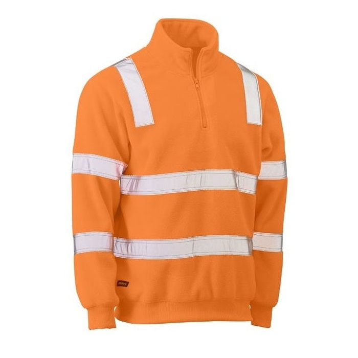 Mens Vic Rail Hoop reflective tape, Rail orange, front view, low pill, premium fabric, Bisley BK6816T Taped HiVis Rail Polar Fleece Jumper