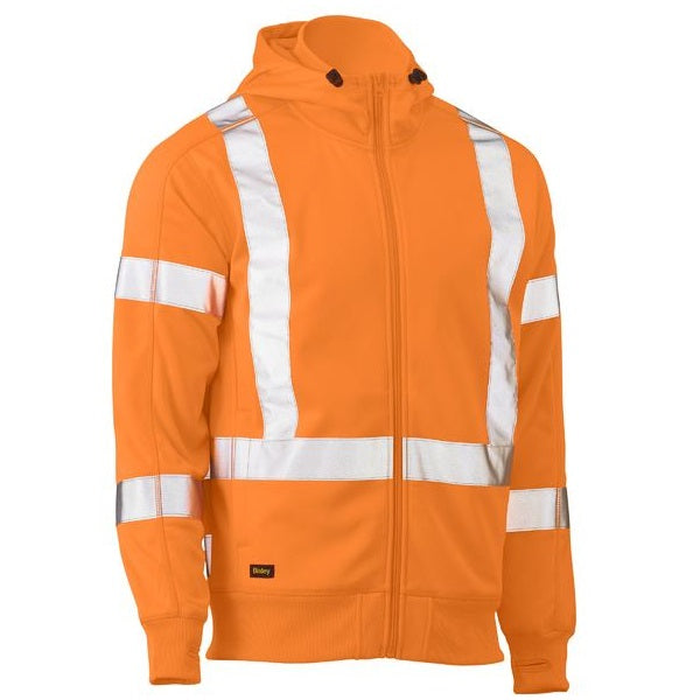 Mens Rail orange, cross back NSW rail reflective tape, warm, premium fabric, Bisley BK6819XT X Taped HiVis Zip Front Fleece Rail Hoodie