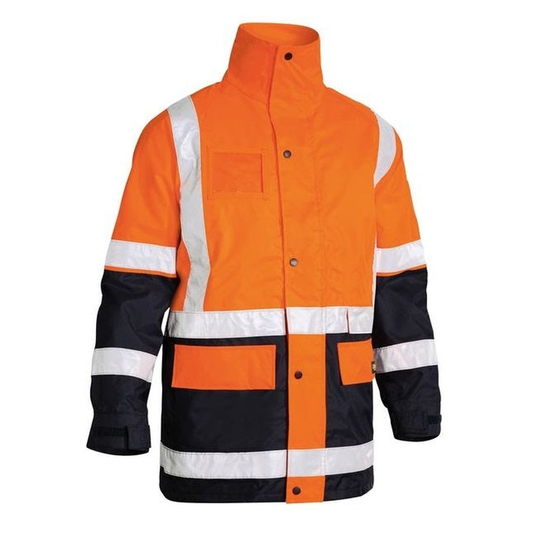 Orange/navy high-visibility safety rain coat, Bisley BK6975 5-in-1 Rain Jacket, front view, two front flap pockets