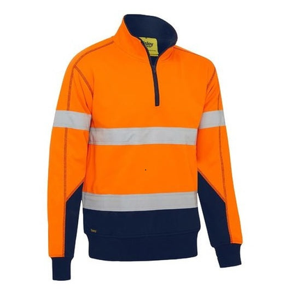 Bisley BK6987T Taped HiVis Fleece Pullover With Sherpa Lining, orange/navy, front view, half zip high collar
