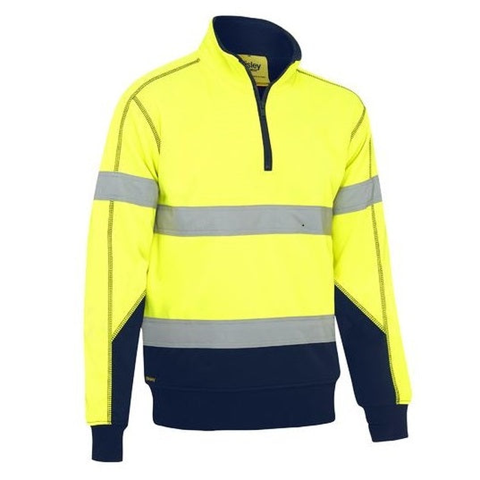 Yellow/navy, high-visibility reflective stretch tape, Bisley BK6987T Taped HiVis Fleece Pullover With Sherpa Lining, front view