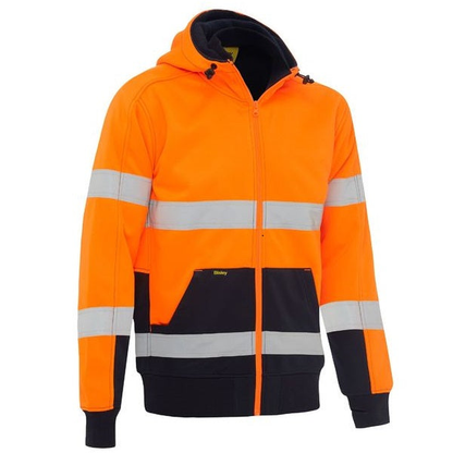 Orange/ navy, high-visibility zip-up Bisley BK6988T Taped HiVis Fleece Hoodie With Sherpa Lining, front view