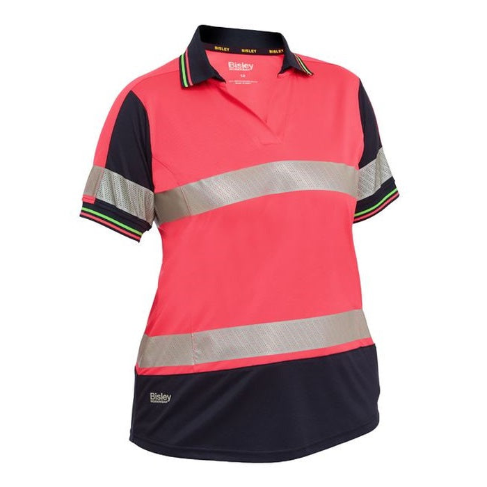 Pink/navy, Bisley BKL1225T Womens Short Sleeve Taped 2-Tone HiVis V-Neck Polo, front view