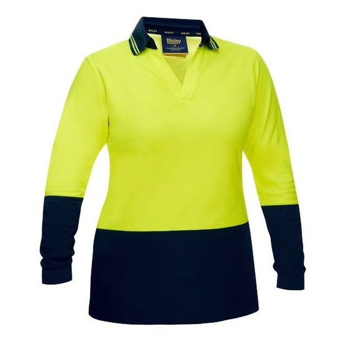 Yellow/navy, front view, breathable, mositure wicking, Bisley BKL6234 Womens HiVis V-Neck Polo