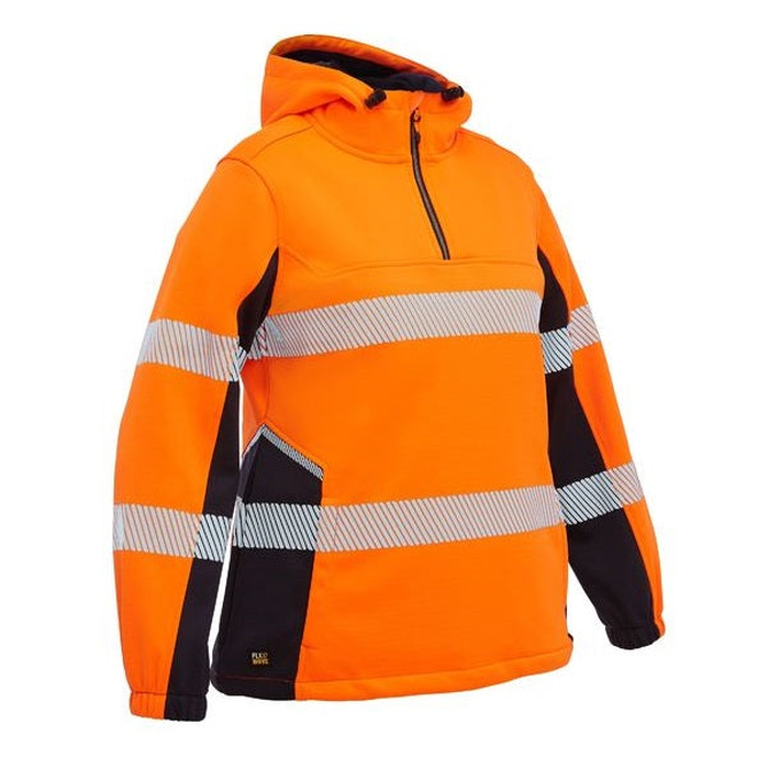 Bisley BKL6571T Womens FLX & Move™ Hi Vis Taped Liquid Repellent Fleece Hoodie, orange/navy, front view, ladies fit, warm, worksite