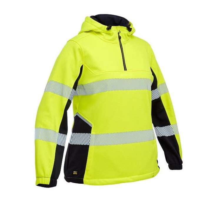 Yellow/navy Hi vis, premium low pill fabric, reflective tape, Bisley BKL6571T Womens FLX & Move™ Hi Vis Taped Liquid Repellent Fleece Hoodie, front view