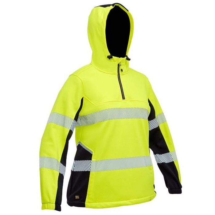 High-visibility neon yellow and navy, pullover hoodie, Bisley BKL6571T Womens FLX & Move™ Hi Vis Taped Liquid Repellent Fleece Hoodie, front view