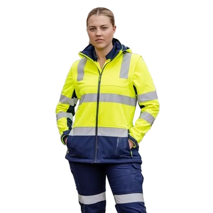 Model view, hi vis yellow, Bisley BKL6571T Womens FLX & Move™ Hi Vis Taped Liquid Repellent Fleece Hoodie