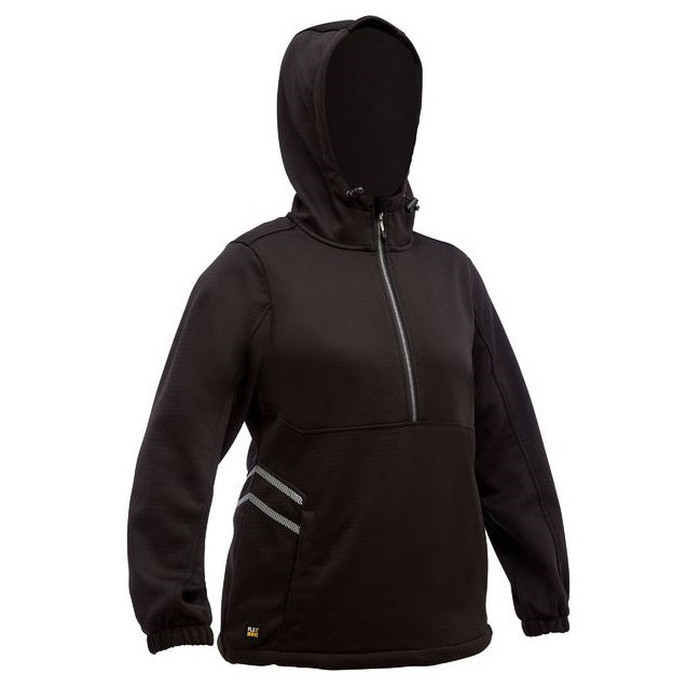Bisley BKL6574 Womens FLX & Move™ Liquid Repellent Fleece Hoodie, black with silver reflective accents, warm, everday workwear, front view