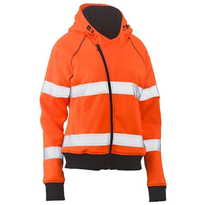 Orange, front zip, low pill premium fabric, Bisley BKL6819T Womens Taped HiVis Fleece Hoodie, front view