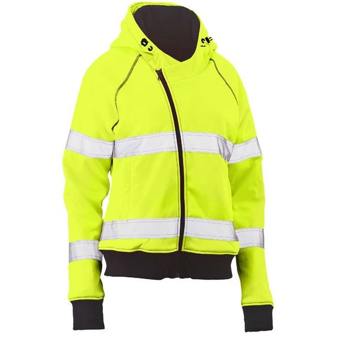 Hi visibility, yellow/navy, hooded, reflective tape, Bisley BKL6819T Womens Taped HiVis Fleece Hoodie, front view