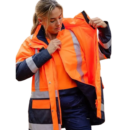 Model view, orange/ navy, rear view, Bisley BKL6975 Womens Taped Hi Vis 5 In 1 Rain Jacket