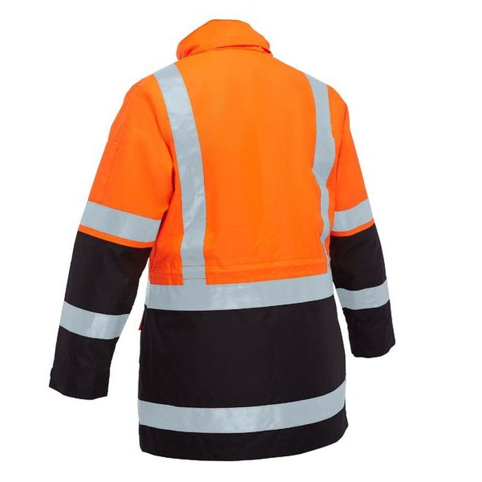 Bisley BKL6975 Womens Taped Hi Vis 5 In 1 Rain Jacket, orange/navy, rear view