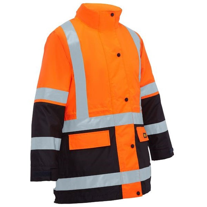 Orange/Navy hi vis, reflective tape, waterproof, Bisley BKL6975 Womens Taped Hi Vis 5 In 1 Rain Jacket, front view