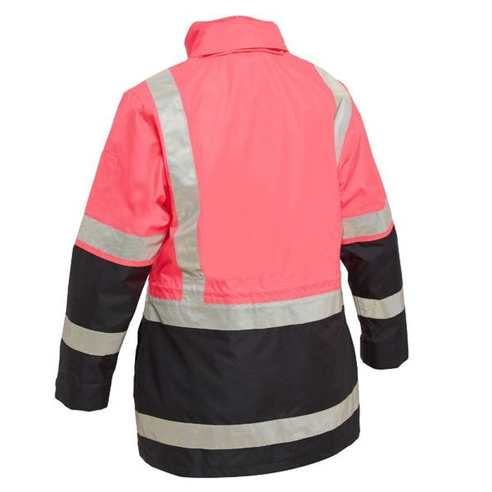 Bisley BKL6975 Womens Taped Hi Vis 5 In 1 Rain Jacket, rear view, pink/navy