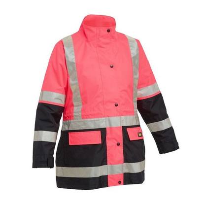 High-visibility safety waterproof jacket in pink and navy, Bisley BKL6975 Womens Taped Hi Vis 5 In 1 Rain Jacket, front view