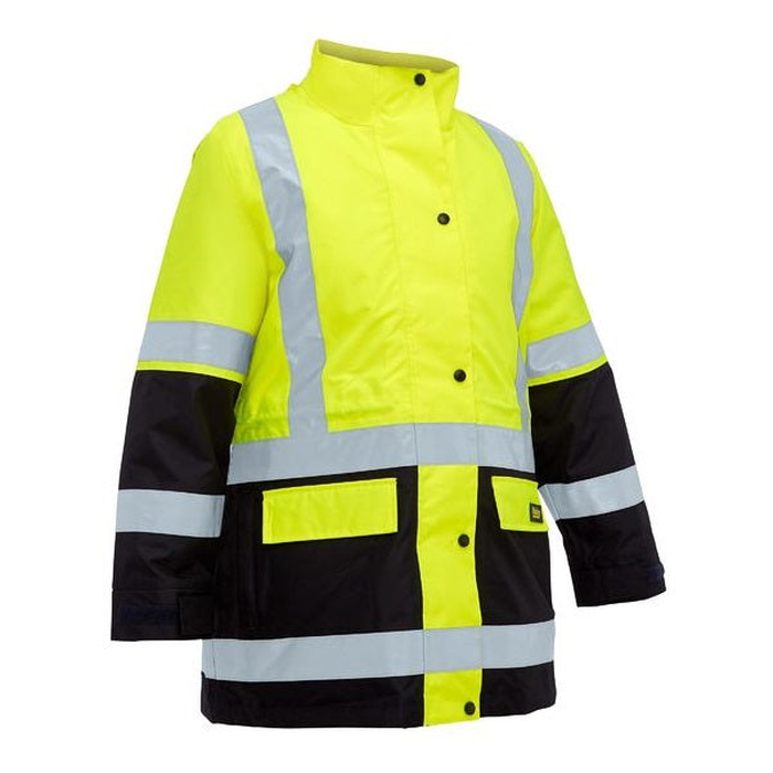 Bisley BKL6975 Womens Taped Hi Vis 5 In 1 Rain Jacket, yellow/navy, front view