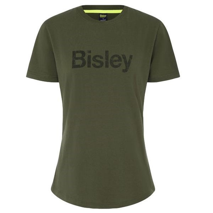 Bisley BKTL064 Womens Cotton Logo Tee Olive, army green, flattering curve hem, front view