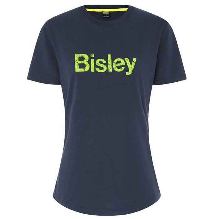 Navy blue with lime green logo, crew neck, worksite, Bisley BKTL064 Womens Cotton Logo tee, front view