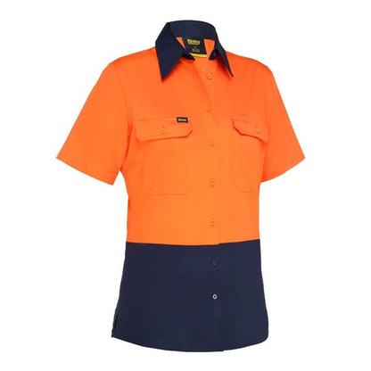 Short sleeve orange/navy, Bisley BL1895 Womens Cool Lightweight HiVis Drill Shirt, front view
