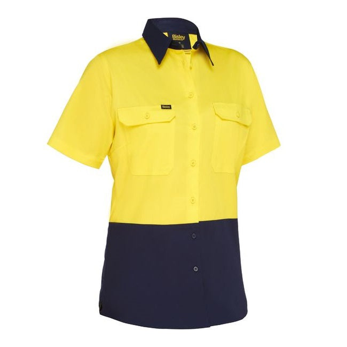 yellow/navy, front view, two chest pockets, Bisley BL1895 Womens Cool Lightweight HiVis Drill Shirt