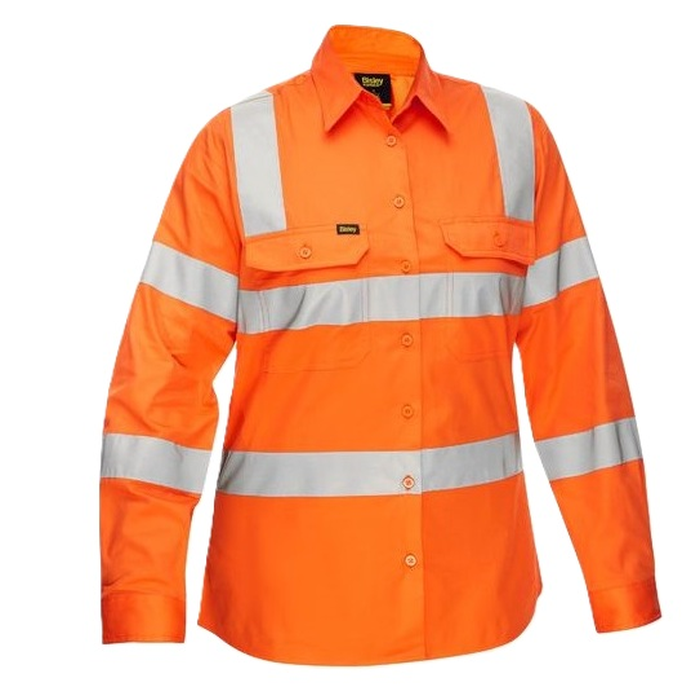 Hi visabiltliy rail orange, VIC hoop design, double front pockets, Bisley BL6016T Womens Taped Biomotion Cool Lightweight Hivis Shirt, front view