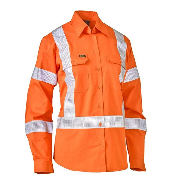 Rail orange, ladies NSW Rail, Cross back tape, Bisley BL6166XT Womens Taped X Back Cool Lightweight HiVis Drill Shirt, front view