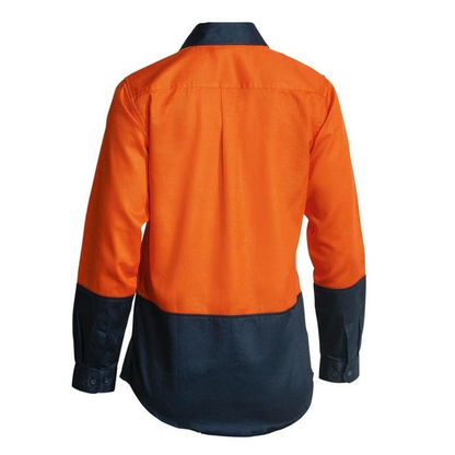 Bisley BL6267 Womens 2-Tone HiVis Drill Long Sleeve Shirt, orange/navy, rear view
