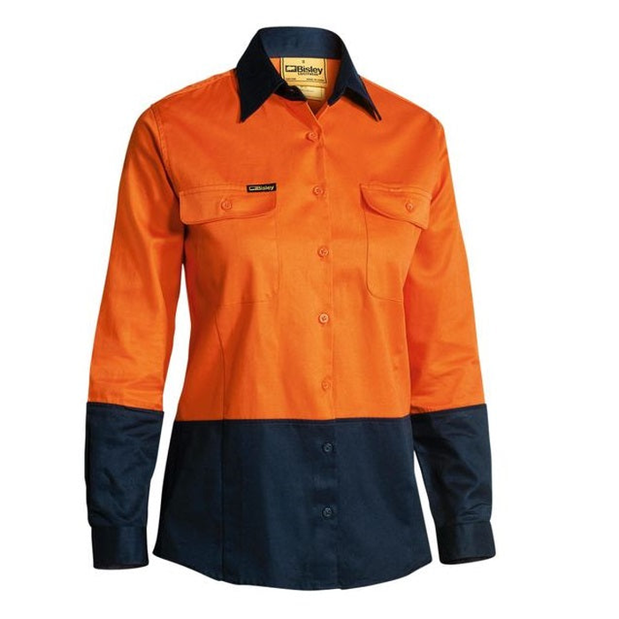 Orange/navy, front view, two chest pockets, premium fabric, Bisley BL6267 Womens 2-Tone HiVis Drill Long Sleeve Shirt