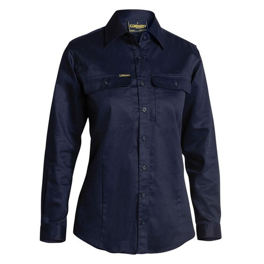 Dark navy blue  premium, long-sleeve button-up , Bisley BL6339 Womens Drill Long Sleeve Shirt, two chest pockets, front view