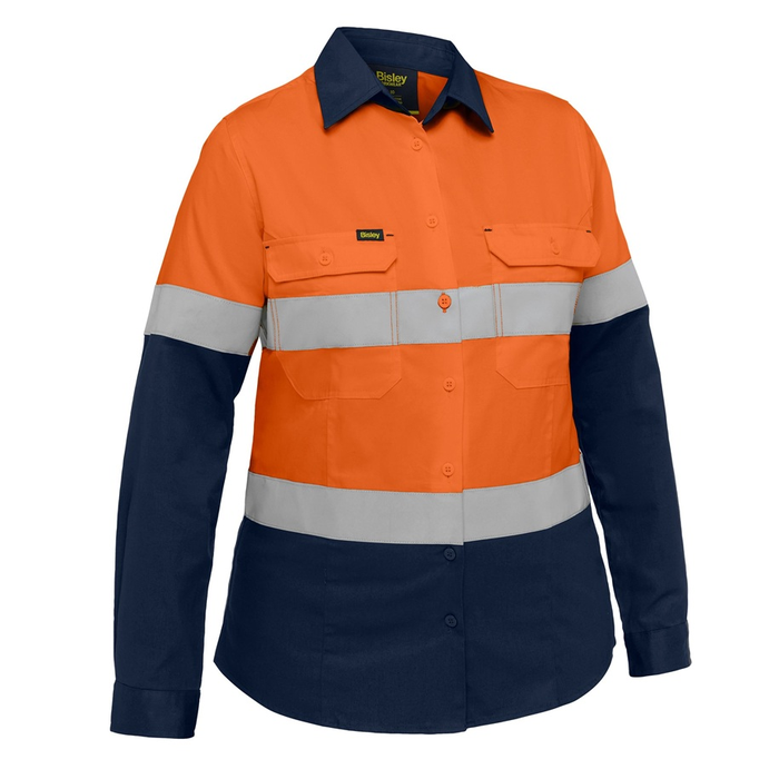 Ladies long-sleeve high-visibility work shirt , orange, hoop tape, Bisley BL6390T Industrial Womens Taped Hi Vis Cool Lightweight Vented Shirt, front view