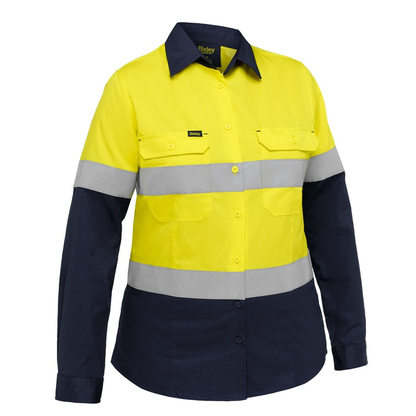 Hi vis yellow navy, two chest pockets, Bisley BL6390T Industrial Womens Taped Hi Vis Cool Lightweight Vented Shirt, front view