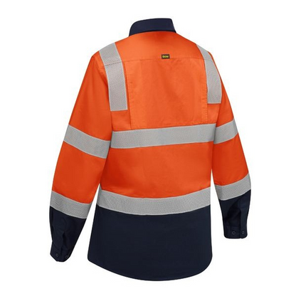 Orange and navy ladies, reflective tape, Bisley BL6396T Womens Taped Biomotion Hi Vis Cool Lightweight Vented Shirt, front view
