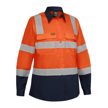 Orange/navy, Ladies, worksite, safety shirt, Bisley BL6396T Womens Taped Biomotion Hi Vis Cool Lightweight Vented Shirt, front view
