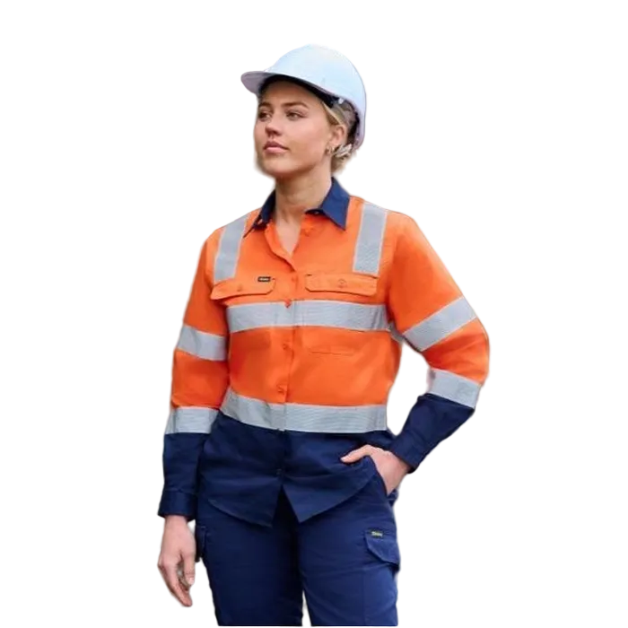 Bisley BL6396T Womens Taped Biomotion Hi Vis Cool Lightweight Vented Shirt, yellow/navy, model lifestyle view