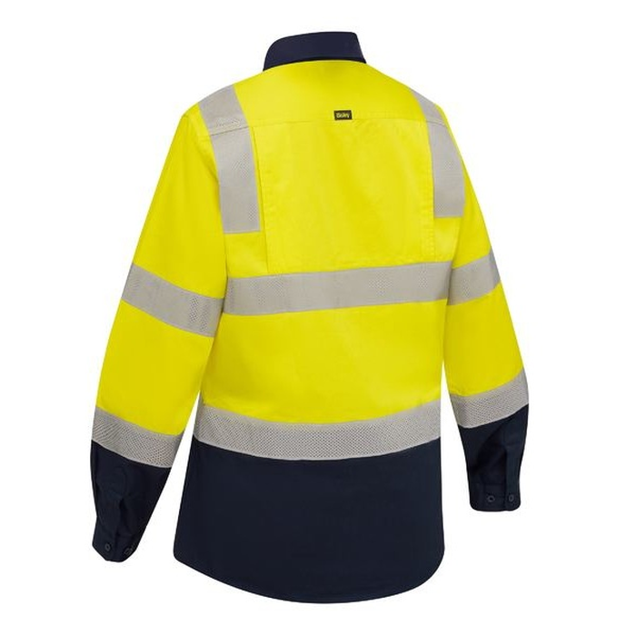 Back view of Bisley BL6396T Womens Taped Biomotion Hi Vis Cool Lightweight Vented Shirt, yellow/navy