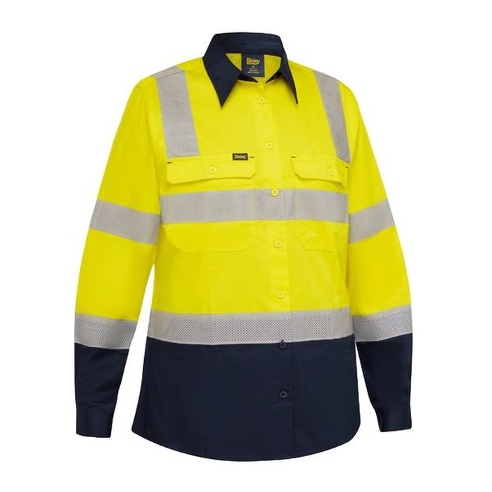 Yellow/navy, High-visibility work shirt with reflective biomotion tape, Bisley BL6396T Womens Taped Biomotion Hi Vis Cool Lightweight Vented Shirt, front view