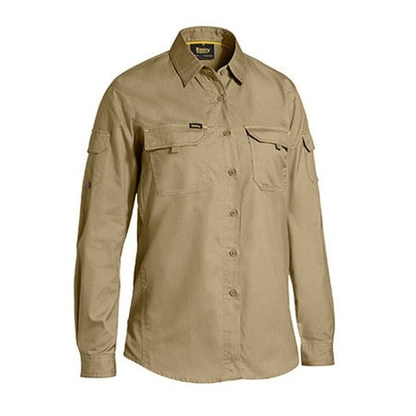 Khaki long-sleeve button-up shirt, multiple utility pockets, Bisley BL6414 Womens X Airflow Ripstop Long Sleeve Shirt, front view