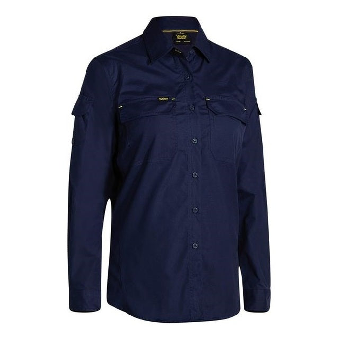 Navy, double front pockets, Bisley BL6414 Womens X Airflow Ripstop Long Sleeve Shirt, front view