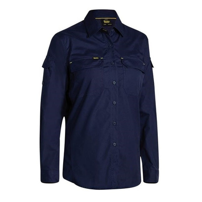 Navy, double front pockets, Bisley BL6414 Womens X Airflow Ripstop Long Sleeve Shirt, front view