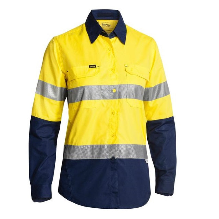 High-visibility long-sleeve work shirt ,yellow/navy, Bisley BL6415T Womens 3M Taped HiVis X Airflow Ripstop Shirt
