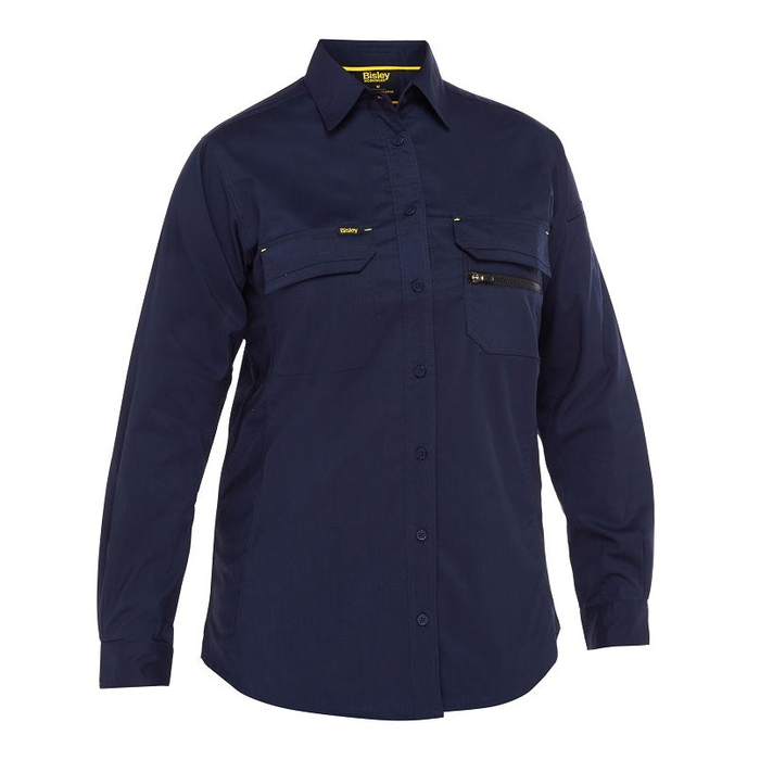 Navy blue, tradie, work shirt with double chest pockets, Bisley BL6490 Womens X Airflow Stretch Ripstop Shirt, front view