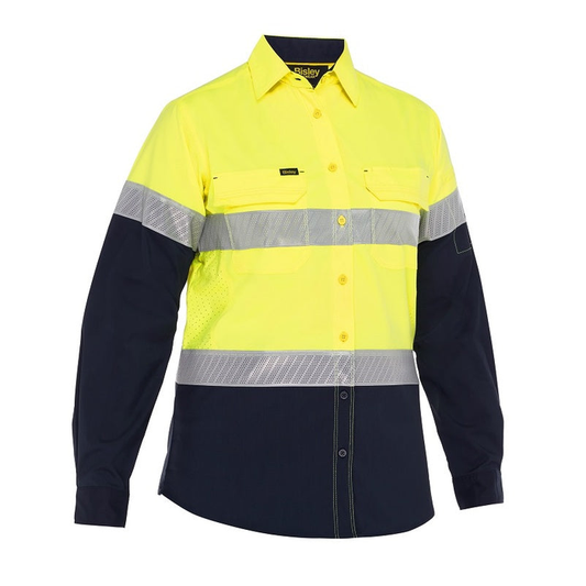 yellow/navy high-visibility long-sleeve work shirt Bisley BL6491T Womens X Airflow HiVs Taped Stretch Ripstop, front view Shirt