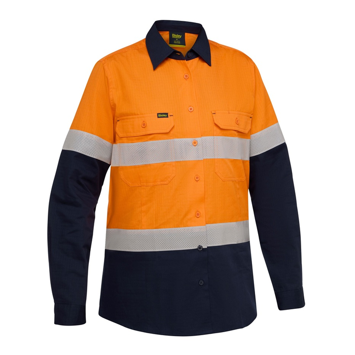 Orange/navy, reflective tape hoop design, Bisley BL6495T Womens Taped Hi Vis Ripstop Vented Shirt, front view