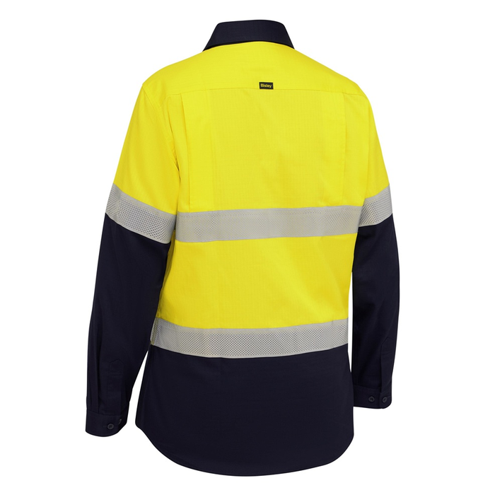 Bisley BL6495T Womens Taped Hi Vis Ripstop Vented Shirt, yellow/navy, rear view