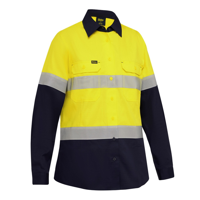 Yellow/navy long-sleeve high-visibility work shirt, Bisley BL6495T Womens Taped Hi Vis Ripstop Vented Shirt, front view