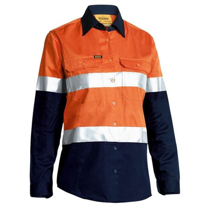 Orange/navy, front view, double chest pockets, Bisley BL6696T Womens 3M Taped HiVis Cool Lightweight Shirt