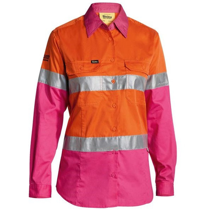 Orange/pink, premium pre shrunk drill fabric, front view, Bisley BL6696T Womens 3M Taped HiVis Cool Lightweight Shirt