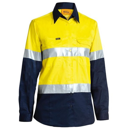 Classic female tradie, yellow/navy with reflective tape worksite workshirt, front view, Bisley BL6696T Womens 3M Taped HiVis Cool Lightweight Shirt